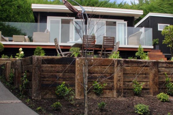 Railway sleeper retaining landscape design