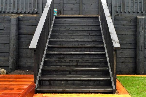 Large black retaining wall steps